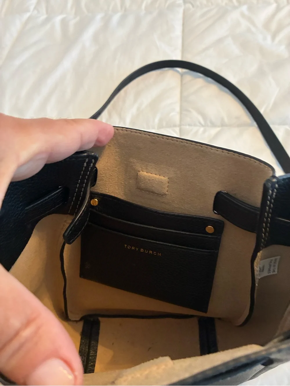 Tory Burch Small Romy  bucket Black Pebbled Crossbody Bag with Gold Accent